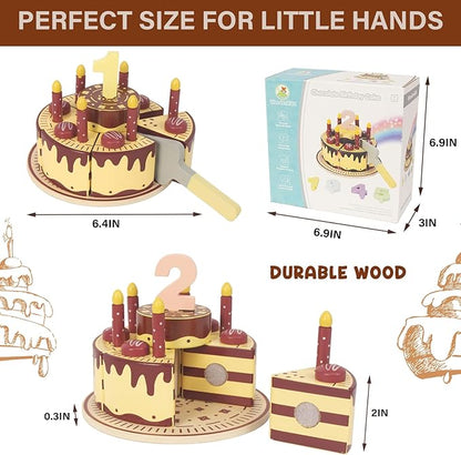 Pretend Play Food for Toddlers 1-3,Wooden Birthday Fake Cake with Candles and Numbers,Tea Party Learning Kitchen Gift Toys for Boys Girls (Chocolate Cake)