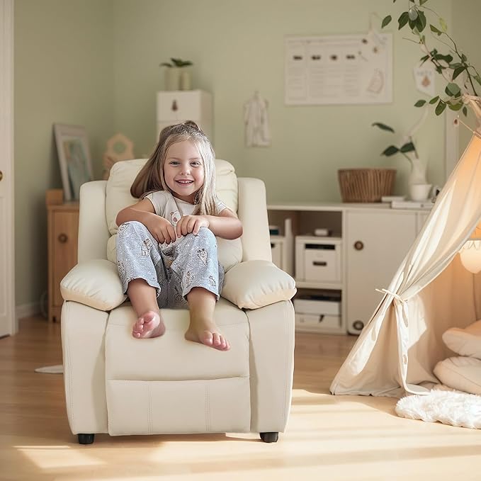 Macaron Kids Reclining Chair Recliner Dual Storage Armrest Leather Sofa Toddler Youth Children Child Ages 2-8