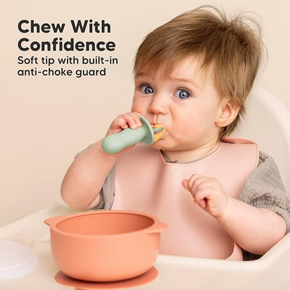 KeaBabies 4-Pack Silicone Baby Spoons and Forks Set - Baby Spoon Self Feeding, BLW Baby Utensils 6-12 Months, Baby Led Weaning Feeding Spoon,Teething Infant Baby First Food Training Pre Spoon (Mellow)