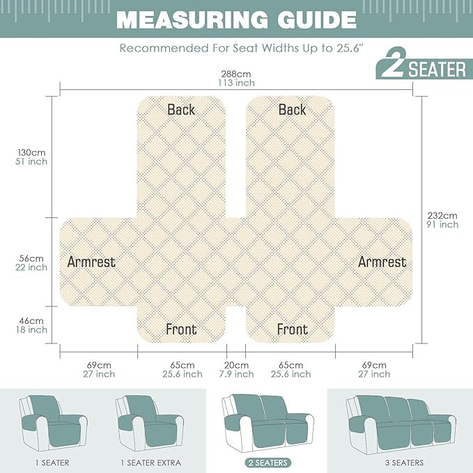 TAOCOCO Loveseat Recliner Cover Non-Slip Sofa Slipcover, Pet Cover for Loveseat Recliner with Elastic Straps, Washable Reclining Loveseat Cover Recliner Furniture Protector (2 Seater, Mint)