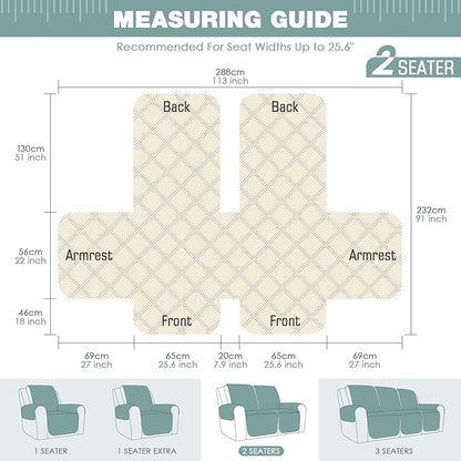 TAOCOCO Loveseat Recliner Cover Non-Slip Sofa Slipcover, Pet Cover for Loveseat Recliner with Elastic Straps, Washable Reclining Loveseat Cover Recliner Furniture Protector (2 Seater, Mint)