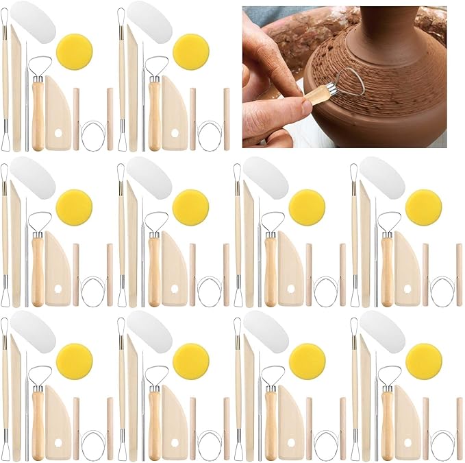 Leriton 320 Pcs Pottery Clay Tools Kit Sculpting Clay Tool Includes Cutting Modeling Trimming with Wooden Handles Carving Kit for Beginners Carving Shaping