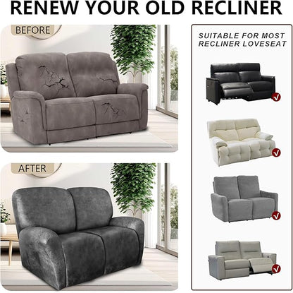 Loveseat Recliner Cover Leather Look Recliner Loveseat Covers Recliner Sofa Cover for 2 Seater Reclining Couch Spandex Fabric Washable 6 Pieces (2 Seater, 02 Light Grey)