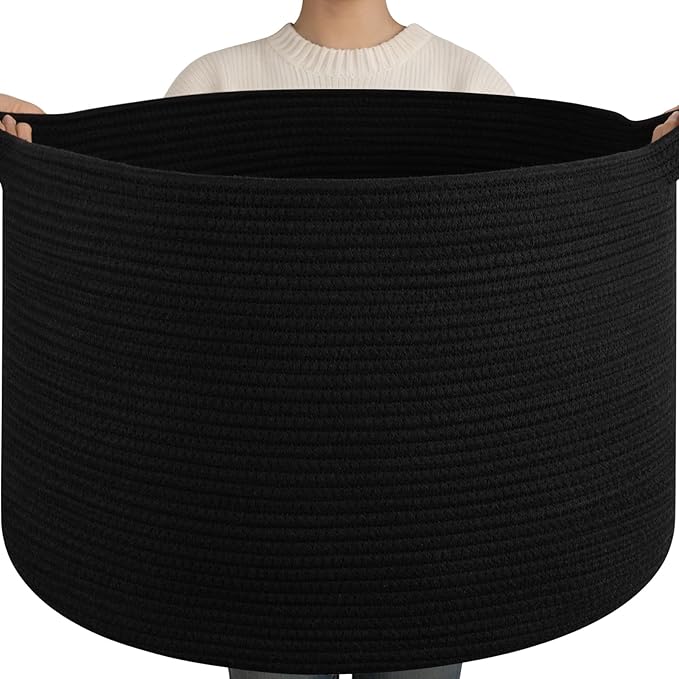OIAHOMY 115L Extra Large Blanket Basket, 23.6" x 15.4" Woven Cotton Rope Laundry Basket for Organizing Pillows, Decorative Stuffed Animal Toy Storage Bin for Nursery, Black