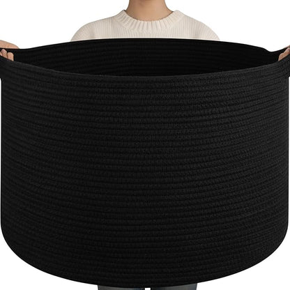 OIAHOMY 115L Extra Large Blanket Basket, 23.6" x 15.4" Woven Cotton Rope Laundry Basket for Organizing Pillows, Decorative Stuffed Animal Toy Storage Bin for Nursery, Black