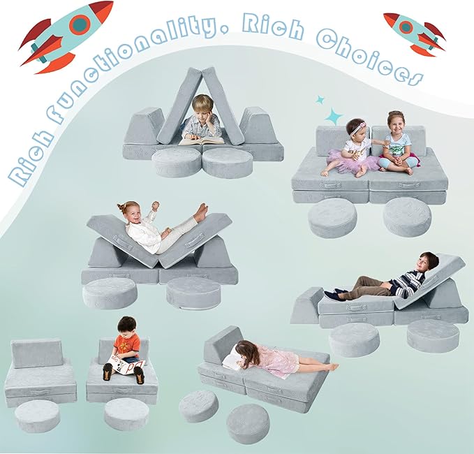 MeMoreCool Modular Kids Play Couch Sofa, Gray 8-Piece Fold-Out Convertible Toddler Couch with Rocket, Star, and Moon Patterns for Playroom