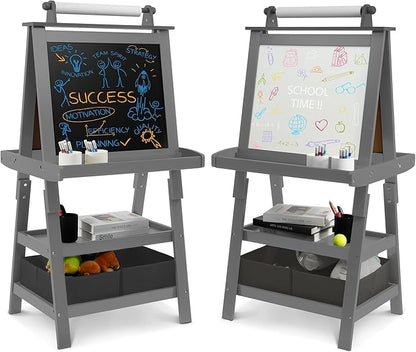 Elevon Art Easel for Kids, Wooden Kids Easel 3 in 1 Adjustable Double Sided, Whiteboard, Chalkboard & Paper Roll, 2-Tier Rack w/ 2 Storage Boxes, Standing Easel for for Painting & Drawing