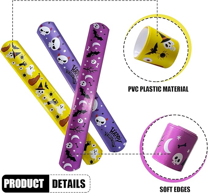 LOMIMOS 48PCS Halloween Slap Bracelets,Snap Wristbands with Assorted Pumpkin Skeleton Bat Spider for Kids Trick or Treat Gift Bag Filler Party Favors