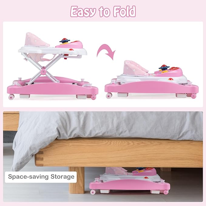 HONEY JOY Baby Walker, 6-in-1 Foldable Baby Walker and Bouncer Combo, Infant Activity Walker with Wheels, Adjustable Heights, Rocker, Music, Lights, Walker for Baby Boy Girl 7-14 Months