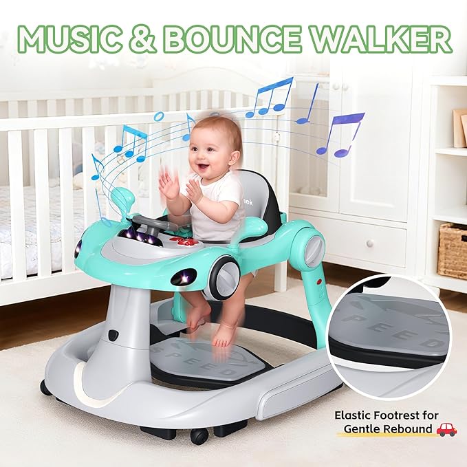 Baby Walker with Wheels, 7-in-1 Foldable Baby Walkers for Boys Girls 6-12 Months with Feeding Tray & Music, Lights,Rocker,Sun Canopy, Bouncing Pedal, Adjustable Wheel Speed, Push Walker(Green)