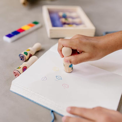 Melissa & Doug Happy Handles Wooden Stamp Set: 6 Stamps and 6-Color Stamp Pad With Washable Ink, Easy To Hold Stampers For Kids Ages 4+