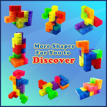 Magnetic Building Blocks, STEM Magic Magnetic 3D Puzzle Cubes, 7 Pcs Preschool Multi Shapes Magnetic Toys with 54 Cards, Montessori Sensory Autism Building Toys for Kids