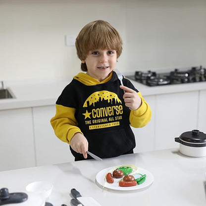 Kids Kitchen Playset - Realistic Steaming Pan, Pretend Stove Toy Set with Play Kitchen Accessories - With Fruits, Vegetables, Kettle, Frying Pan, Cook Pot, Pressure Cooker - For Children Ages 3+ Years