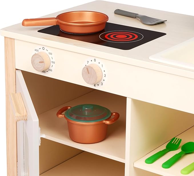 Battat – Play Kitchen & Market – Toddler-Friendly Size – Chalkboard Menu & Oven Dials – 25 Toy Cooking Accessories – 2 Years + – Two n' One Cookin' Fun