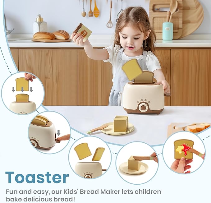ROBOTIME Kids Toy Kitchen Set - Wooden Play Kitchen Appliances with Toaster, Blender with Realistic Sounds, Play Kitchen Accessories Toy Food Set for Kids - Kitchen Playset for Toddlers(2-Set)