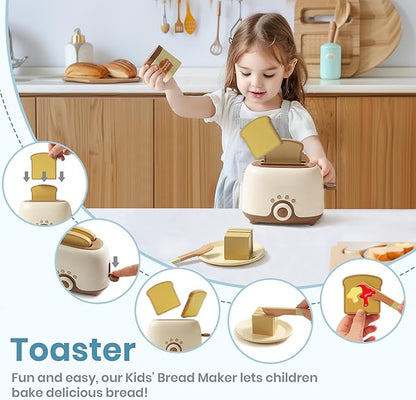 ROBOTIME Kids Toy Kitchen Set - Wooden Play Kitchen Appliances with Toaster, Blender with Realistic Sounds, Play Kitchen Accessories Toy Food Set for Kids - Kitchen Playset for Toddlers(2-Set)
