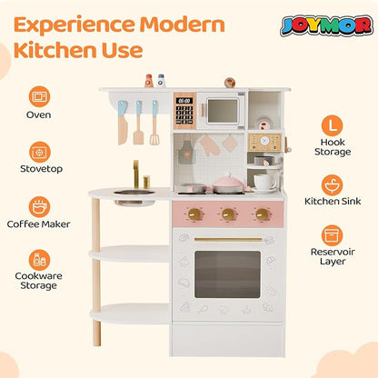 JOYMOR Kids Play Kitchen Sets, Toddler Kitchen w/Kitchen Sink & Ample Play Kitchen Accessories, Ideal for Creative Pretend Play for Children 3-10 (Cream&Gold)