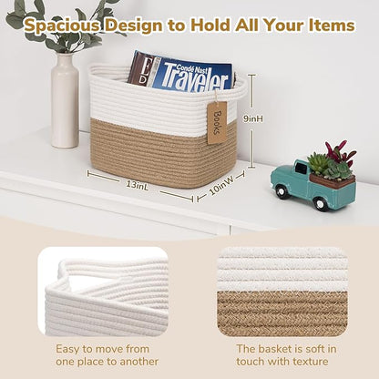 Goodpick Woven Storage Basket for Shelves, Medium Empty Gift Basket with Handles, Square Wicker Dog Toy Baskets, White and Jute Storage Bin, 13 x 10 x 9 Inches