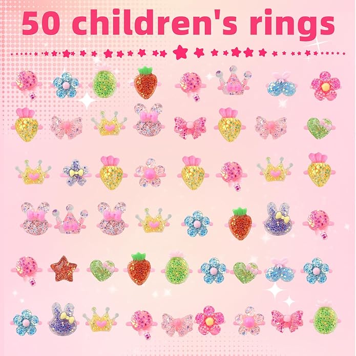 Little Girl Jewel Rings, Adjustable Pink Rings Girls Kids Pretend Play and Dress up Jewelry Set, Cute Rings with Display Case Party Favors Toys Gifts