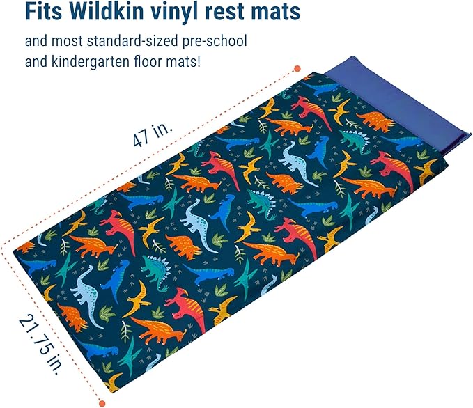 Wildkin Kids Nap Mat Cover for Boys & Girls, Sewn-in Flap Design Rest Mat Cover, Perfect for Preschool & Daycare, Fits our Vinyl Nap Mat up to 1.5 Inches Including Basic Sleep Mat (Jurassic Dinosaurs)