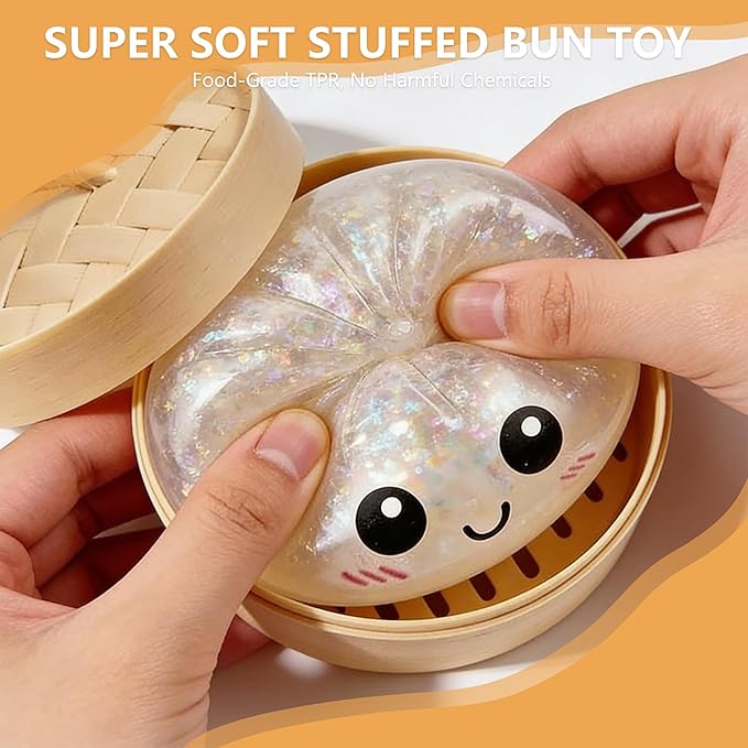 Dumpling Squishies, Glitter Dumpling Mystery Box, Colorful Dumplings Stress Balls Toy, Stocking Stuffers with Food Steamer Stretchy Desk Toys (Glitter Green)