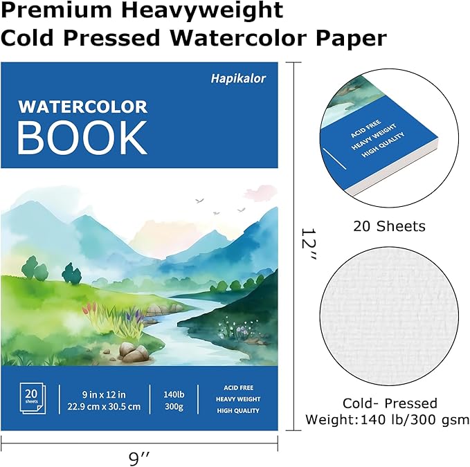 Hapikalor School Supplies for Teens, 4-Pack 9"x12" Watercolor Paper Pad, 140lb/300gsm, Premium Water Color Pad for Paint, Watercolor Pencils, Watercolor Pens, Charcoal, Oil Pastels and Acrylic, Blue