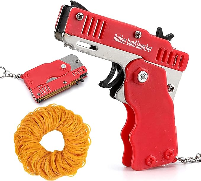 Kids Toys Cool Keychain Rubber Band Mini Metal Folding Rubber Launcher Toy with 60 Elastic Rubber Bands for Game Outdoor Activities (red)