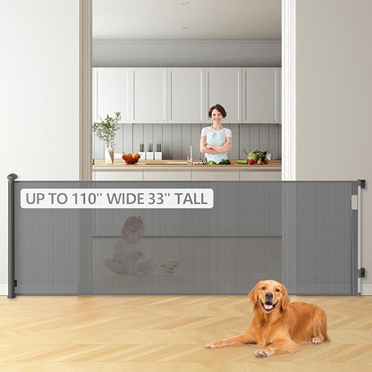 Bulubaky Extra Tall Safety Retractable Baby Gate Adjustable Wide Retractable Dog Gate Mesh Baby Gate Child Gate for Doorway, Hallway, Stair Gates for Kids or Pets (Grey, 33" Tall x 110")