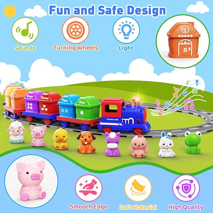 Train Set for Toddlers 2-4, Electric Toy Train with Farm Animals & Music & Lights, Montessori Counting & Sorting Learning Toys for 1 2 3 Year Old Boys Girls, Christmas Easter Birthday Gift
