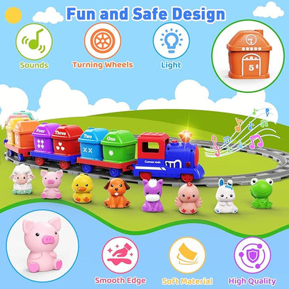 Train Set for Toddlers 2-4, Electric Toy Train with Farm Animals & Music & Lights, Montessori Counting & Sorting Learning Toys for 1 2 3 Year Old Boys Girls, Christmas Easter Birthday Gift