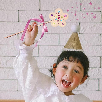 WUBOMJIO Princess Fairy Wands Craft Kit, Kid Birthday Party Supplies Make Your Own Magic Wands Include Unfinished Wooden Fairy Wands, Gem Stickers, Ribbons, Ideal for Kids 6+(14 PCS)