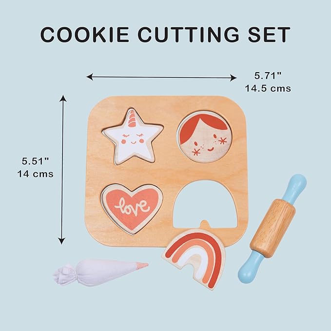 Mentari Toys - Cookie Cutting Set - 7pc Wooden Cookie Play Food Set with Accessories - Pretend Play Cookies and Baking for Toddlers - Shape Sorting Imaginative Play Set for Toddlers - Age 2+