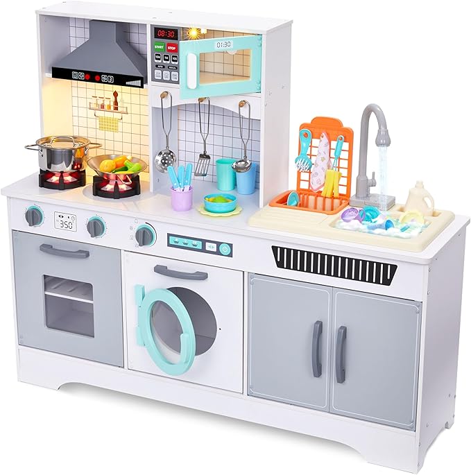 Lil’ Jumbl Kids Wooden Kitchen Set, Pretend Working Sink with Real Running Water, Includes Range Hood, Microwave & Stove Top That Make Realistic Sound & Light, Full Accessory Set Included