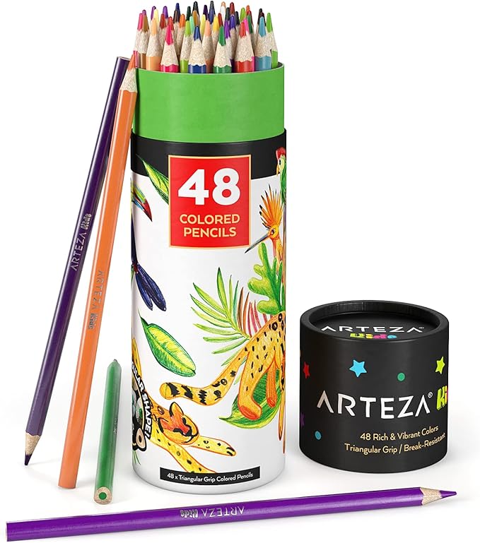 ARTEZA 48 Colored Pencils for Kids, Vibrant Colors, Triangular, Pre-Sharpened Kids Coloring Pencils for Drawing