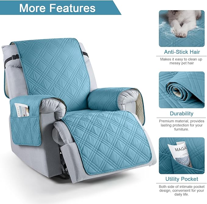 TAOCOCO 100% Waterproof Recliner Chair Cover, Non Slip Recliner Covers for Recliner Chair with Pocket, Washable Reclining Chair Cover Furniture Protector for Kids, Pets(Recliner Chair, Sky Blue)