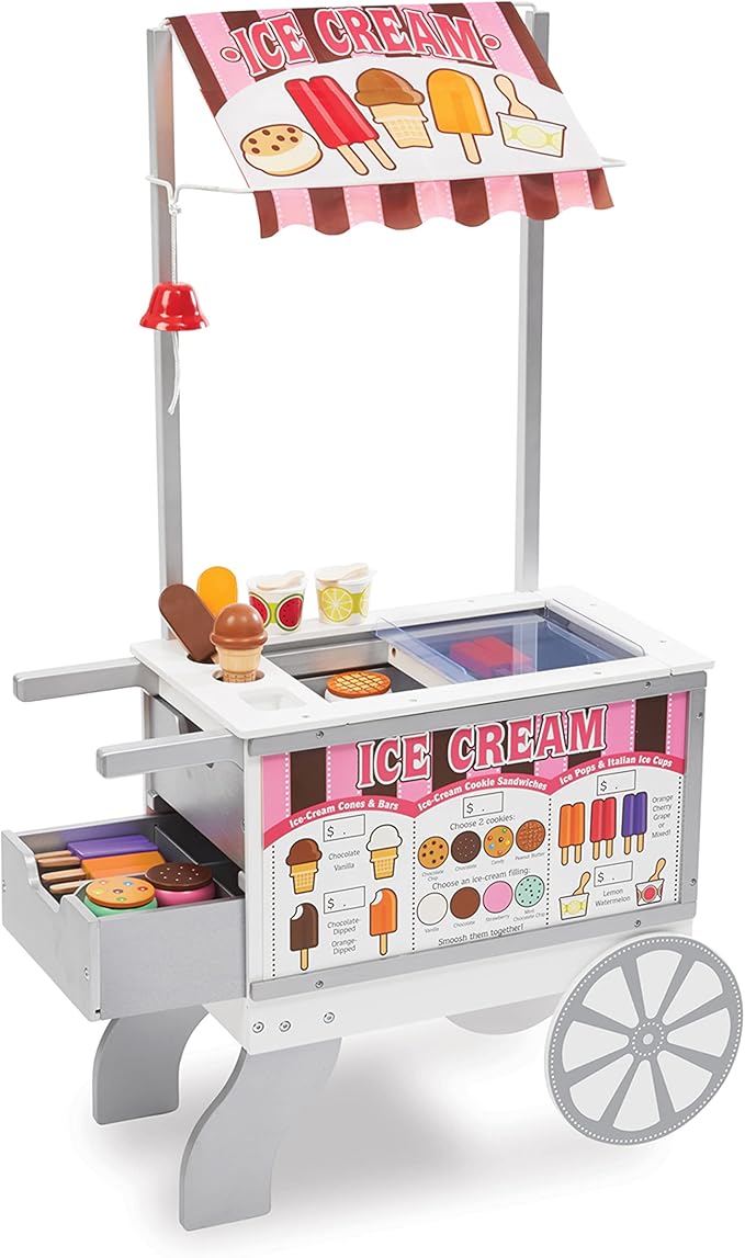 Melissa & Doug Wooden Snacks and Sweets Food Cart - 40+ Play Food pcs, Reversible Awning , Multi Colored