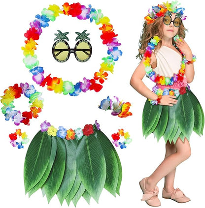 Fortuning's JDS Boys Girls Hawaiian Flowers Leaf Grass Skirts Garland Costume Set Beach Party Favors