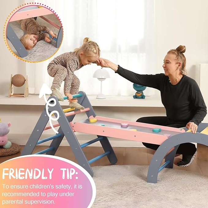 Pikler Triangle Set with Cushion, 7 in 1 Toddler Climbing Toys Indoor, Montessori Foldable Climbing Set, Wooden Climbing Toys for Toddlers 1-3 Inside with Ramp, Arch and Ladder (Rainbow with Blue)