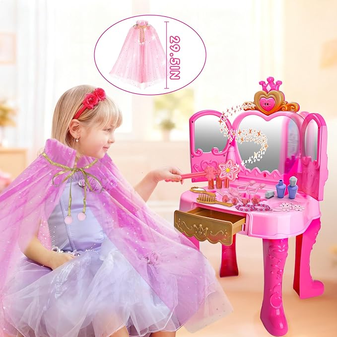 AugToy Toddler Vanity Magic Makeup Set Table and Chair Girl Toy Automatically Mirror with Music Light Pink Toys Girls Hair Salon Pretend Play Princess Dress Up Playset Gift Toddler