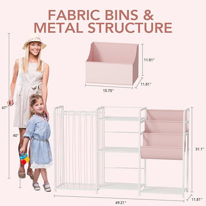 BBLIKE 3in1 Stuffed Animal Storage Organizer - Toy Storage with Kids Bookshelf & Large Plushies Holder for Kids Room - Multi-Functional Furniture for Nursery, Bedroom, and Playroom, Pink