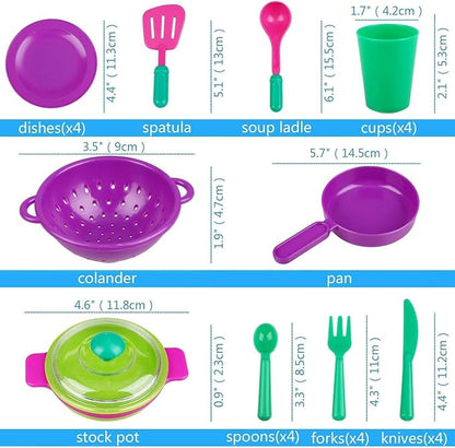 Kids Pretend Play Dishes Children's Kitchen Playset - Wash and Dry Tableware Dish Rack Toy with Drainer, Cups, Pots, Utensils (28 Pieces)