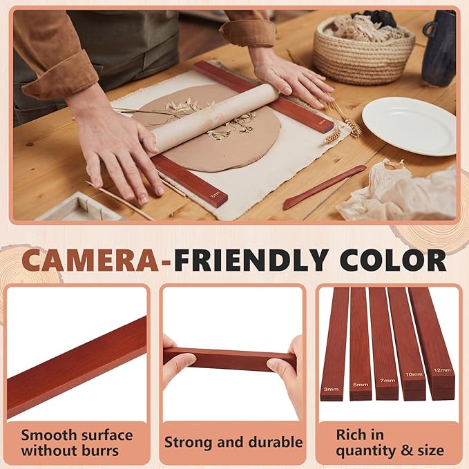 Sasylvia 10 Pcs Pottery Rolling Pin Guides Wood Teaching Rolling Mud Stick Guide Set Polymer Clay Depth Guide Pottery Tools Clay Mudboard Tools (5 Size,Reddish Brown)