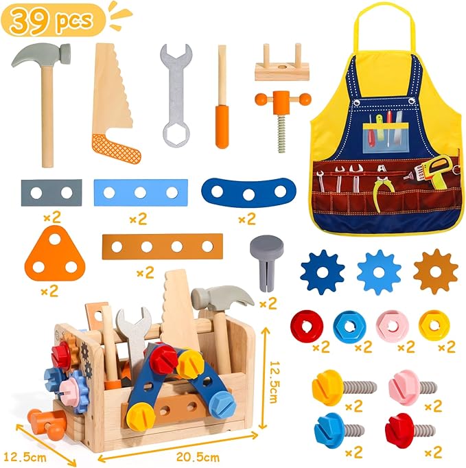 Wooden Kids Tool Set, Toddler Tool Bench with Apron 2 Year Old Toys Gift STEM Montessori Toys for 2 3 4 Year Olds Pretend Play Toddler Tool Set Educational Construction Toy for Toddler(39PCS)