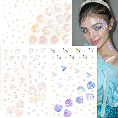 NOOEPC Mermaid Makeup Face Gems, Face Jewels Face Glitter, Shell Mermaid Flower Eye Rhinestone, Festival Essentials, Dance Performances Parties and Stage Cosplay Princess Makeup