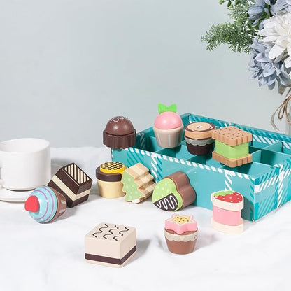 13pcs Wooden Dessert Set Toddler Pretend Play Toy Food, Sweets Playset with Muffin, Cupcake, Chocolate Cake & Roll, Kids Food Toys Play Kitchen Accessories Boys and Girls Birthday Gift