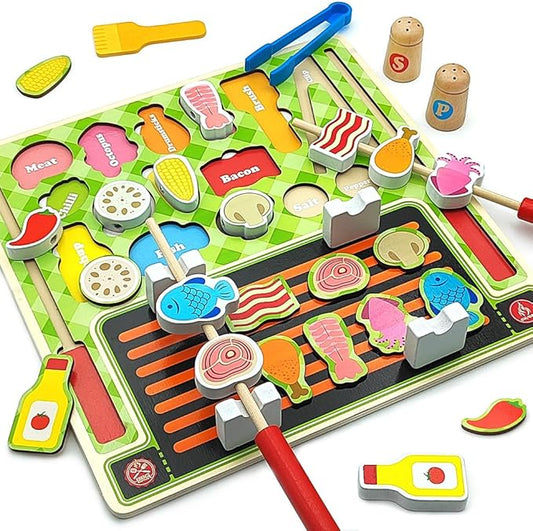 Wooden Play Food Sets for Kids Kitchen Toys Kitchen Playset Accessories Early Education Toys for 3 4 5 6 7 8 Years Old Girls and Boys Gifts (Barbecue)