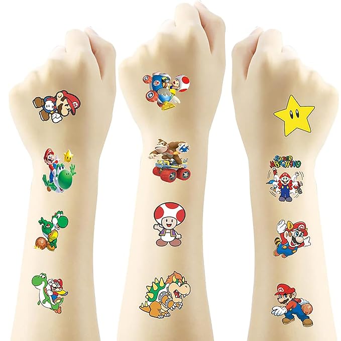 60 Pcs Cartoon Temporary Tattoos for Kids, Children's Temporary Tattoo Toys, DIY Sticker Arts, Mario Birthday Party Supplies Decorations Party Favors