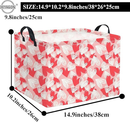 HIYAGON Rectangular Valentines Basket Fabric Storage Bin Storage Boxes Collapsible Storage Basket for Clothes Books Shelves Basket(Pink White Heart)