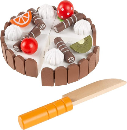 Hey! Play! Birthday Cake-Kids Wooden Magnetic Dessert with Cutting Knife, Fruit Toppings, Chocolate and Vanilla Swirls-Fun Pretend Play Party Food
