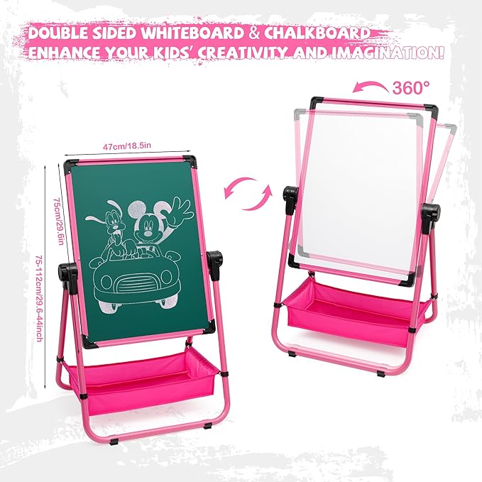 Kids Art Easel Double Sided Iron Easel 29.6inch-44inch Height Adjustable Drawing Board 360° Rotatable Easel Whiteboard & Chalkboard Standing Art Easel for Kids Boys Girls 3+